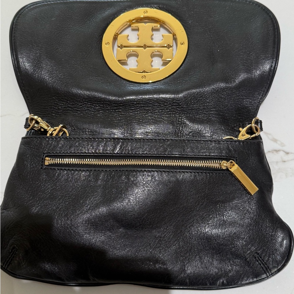 Tory Burch Black Leather Clutch with Gold Logo
